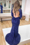 Crew Neck Blue Sequins Mermaid Prom Dress with Long Sleeves