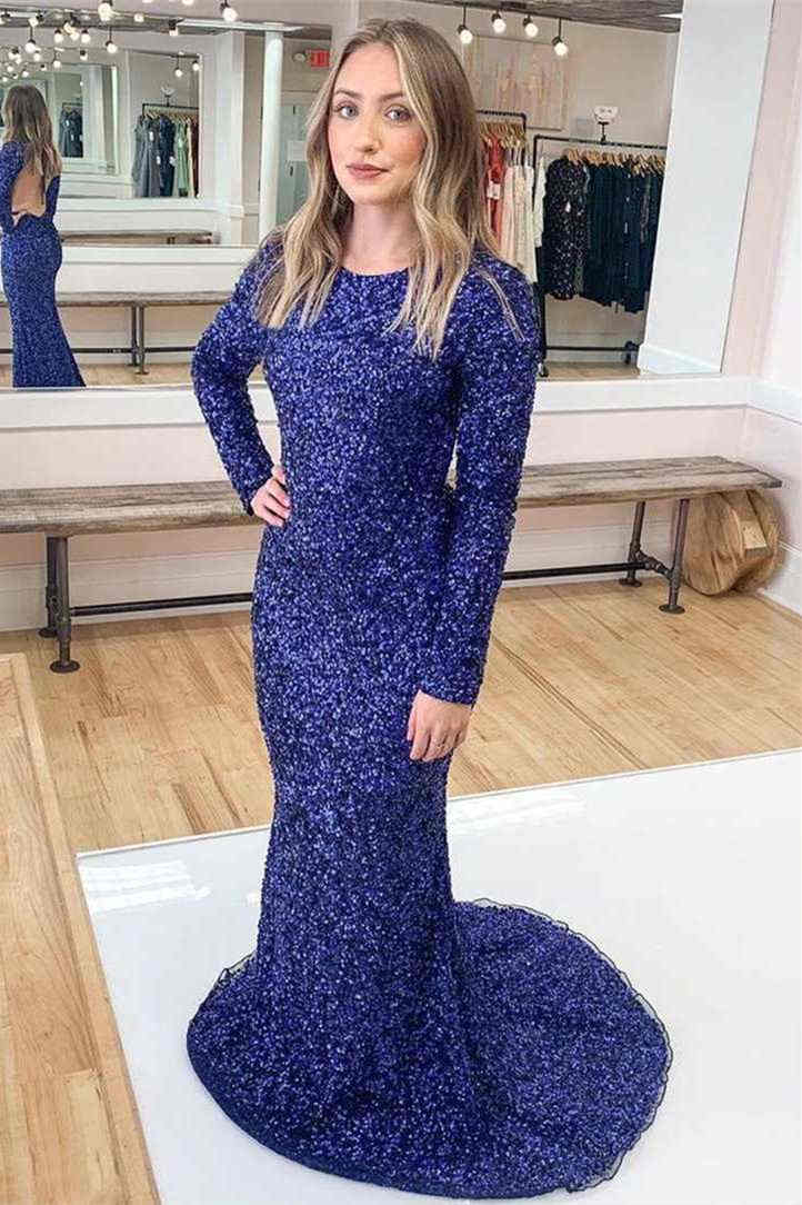 Crew Neck Blue Sequins Mermaid Prom Dress with Long Sleeves FancyVestido Crew Neck Blue Sequins Mermaid Prom Dress with Long Sleeves FancyVestido