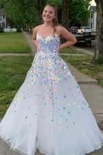A-Line Strapless White Sequined Long Prom Dress