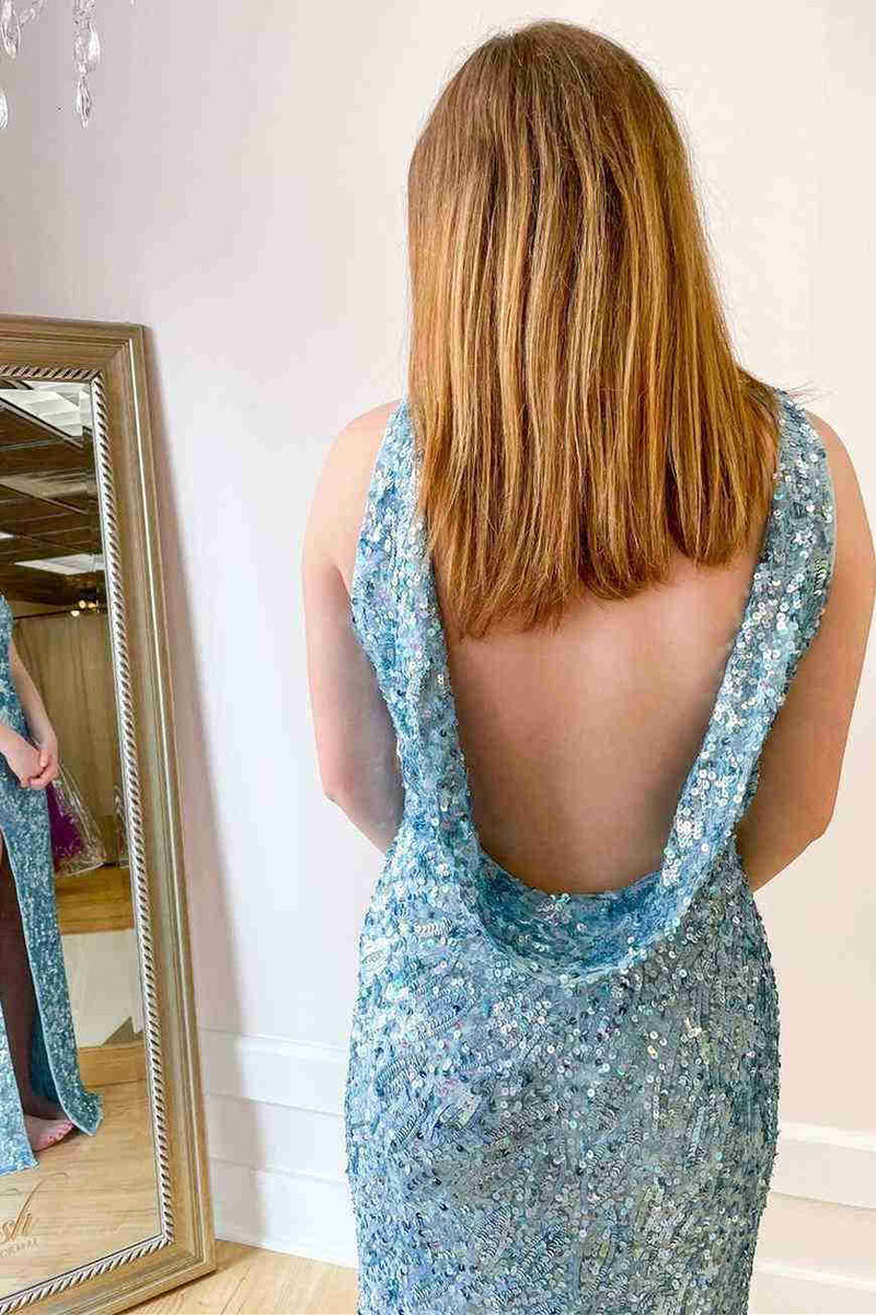 Tiffany Blue Key Hole Backless Long Prom Dress