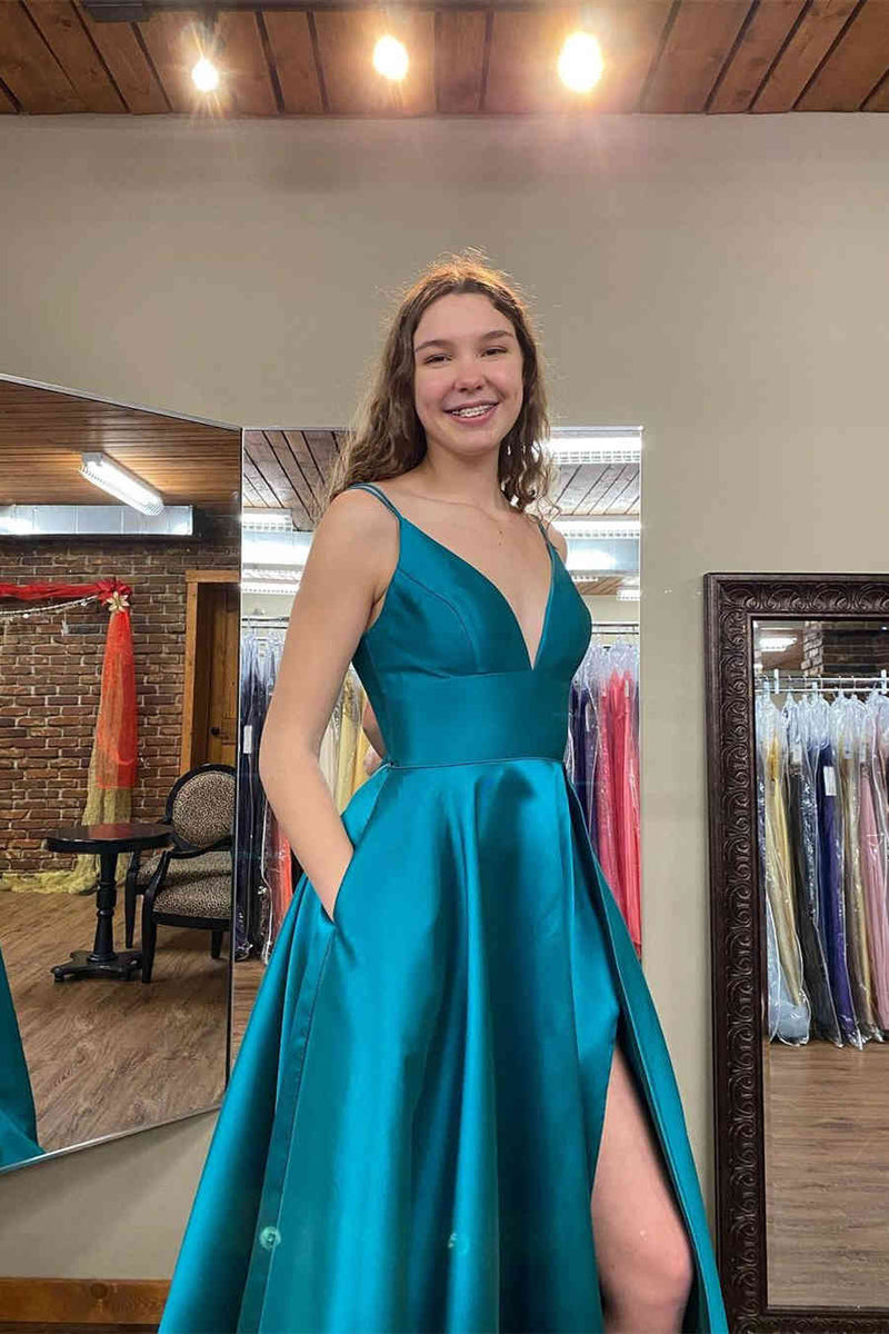 A-Line Side Slit Teal Long Prom Dress with Pockets