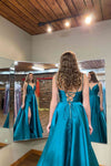 A-Line Side Slit Teal Long Prom Dress with Pockets