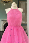 Hot Pink A-Line Tulle Prom Dress with Colorful Dots
