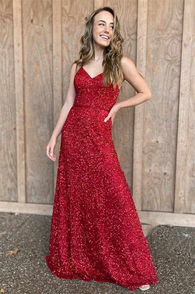 V-Neck Straps Red Sequins Long Prom Dress