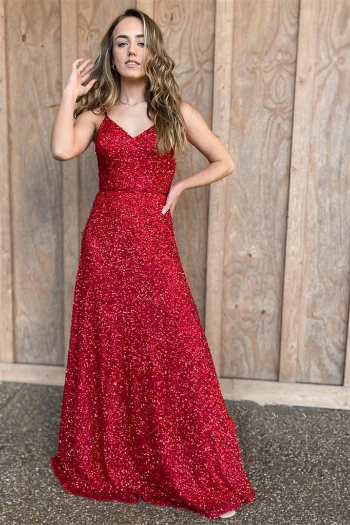 V-Neck Straps Red Sequins Long Prom Dress