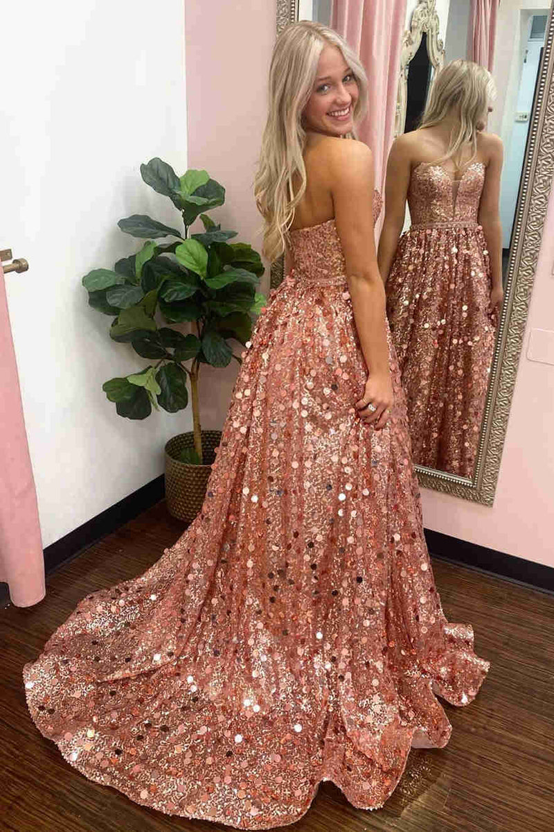 Sweetheart Rose Gold Sequins A-Line Prom Dress