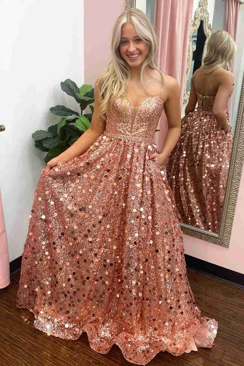 Sweetheart Rose Gold Sequins A-Line Prom Dress FancyVestido Sweetheart Rose Gold Sequins A-Line Prom Dress FancyVestido