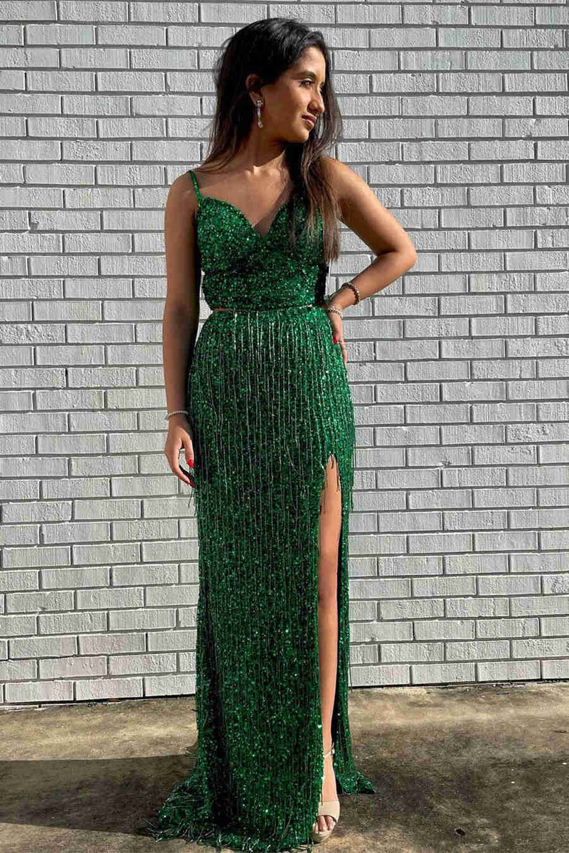 Elegant Green Sequins Two Piece Long Prom Drees with Slit