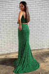 Elegant Green Sequins Two Piece Long Prom Drees with Slit