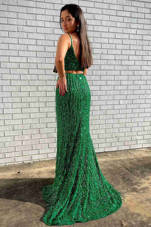 Vienna Prom Dress 8853 Long Sequin Prom Dress Fringe Slit Backless Crystal Sheer Formal Gown 00 / Emerald