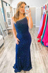 Stunning Navy Blue Long Prom Dress with Rhinestones
