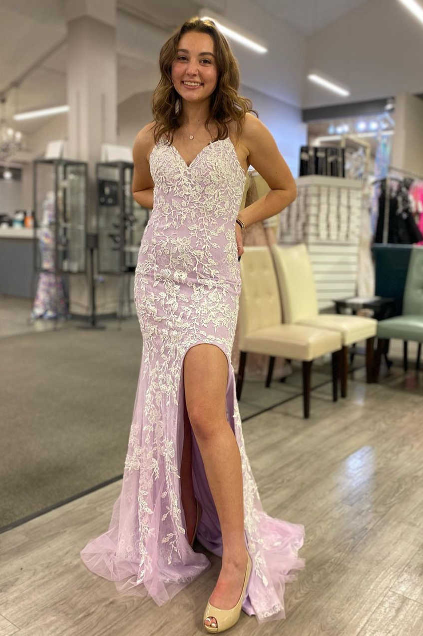 chinese dress ladies Lavender Lace Applique Ruffle Beaded Mermaid Prom Dress – FancyVestido main image 0