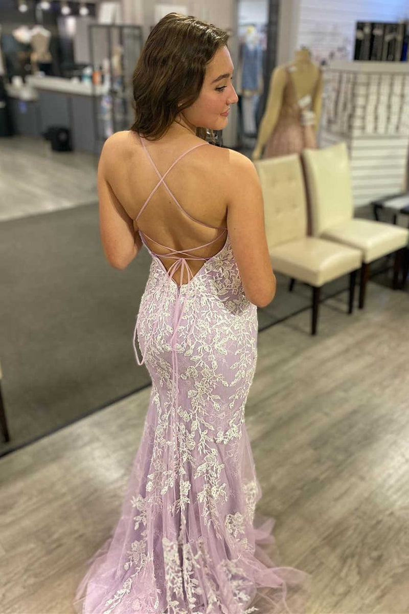 Elegant Lilac Mermaid Prom Dress with Lace Appliques