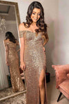 Off the Shoulder Brown Sequins Prom Dress