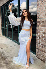 Two Piece Mint Green Sequined Long Prom Dress with Slit