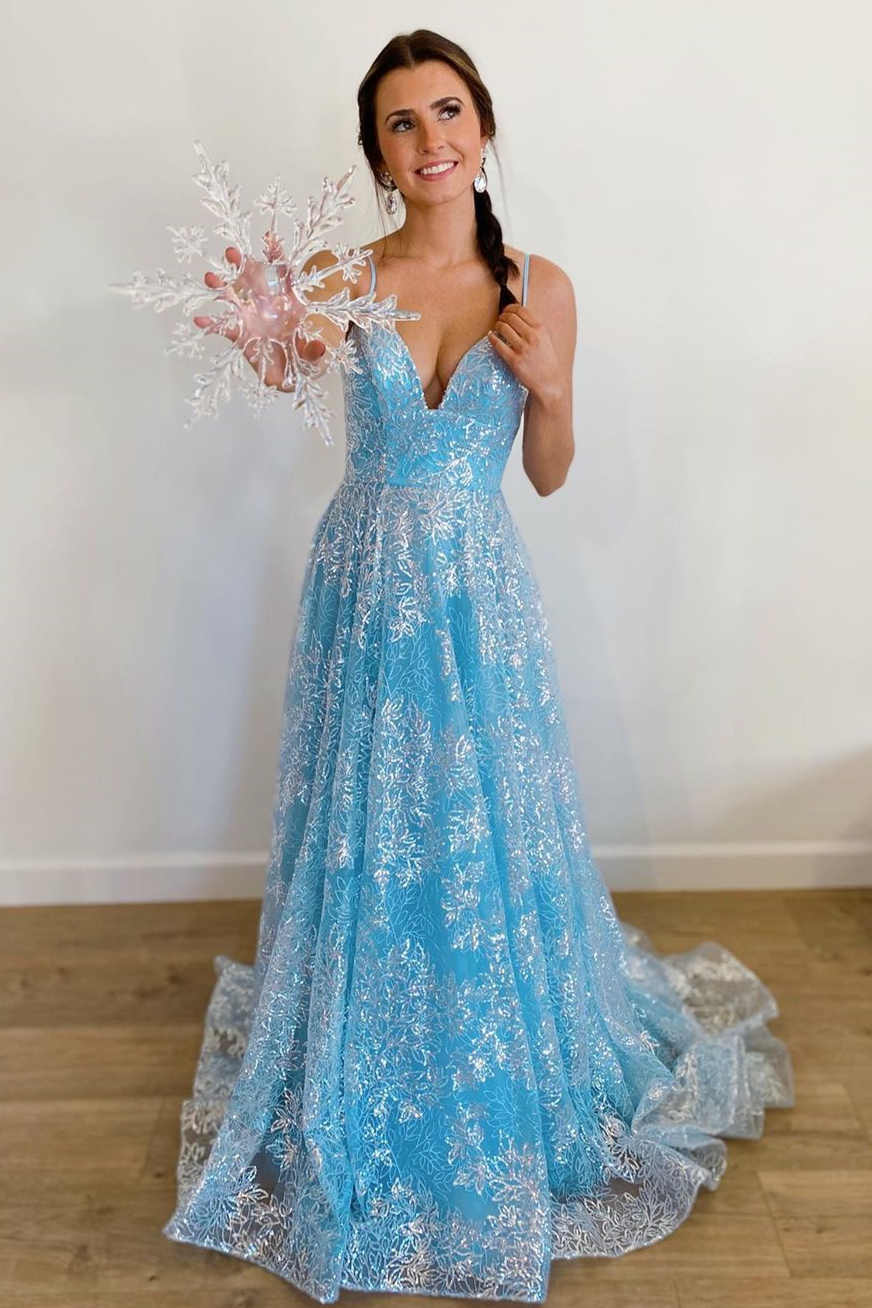 Princess Blue Straps A-Line Long Prom Gown FancyVestido Princess Blue Straps A-Line Long Prom Gown FancyVestido