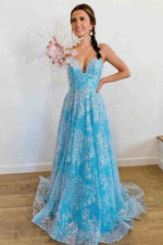 Princess Blue Straps A-Line Long Prom Gown