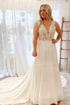 A-Line White Sheer Lace Bodice Long Wedding Dress