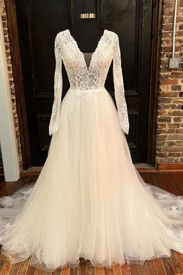 Mermaid Ivory V-neck Long Wedding Dress with Long Sleeves FancyVestido Mermaid Ivory V-neck Long Wedding Dress with Long Sleeves FancyVestido