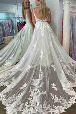 Strapless White Appliqued Long Wedding Dress with Sweep Train