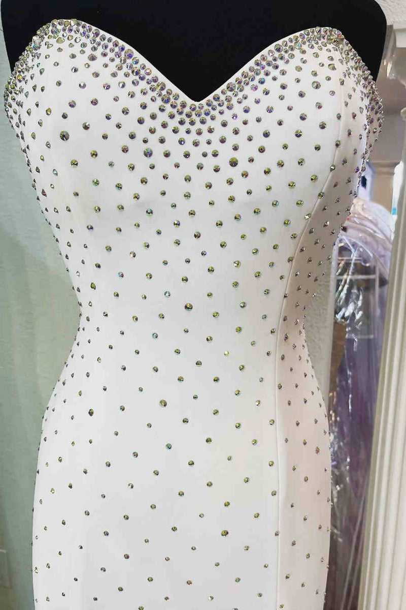 Sweetheart High Slit White Long Prom Dress with Rhinestones