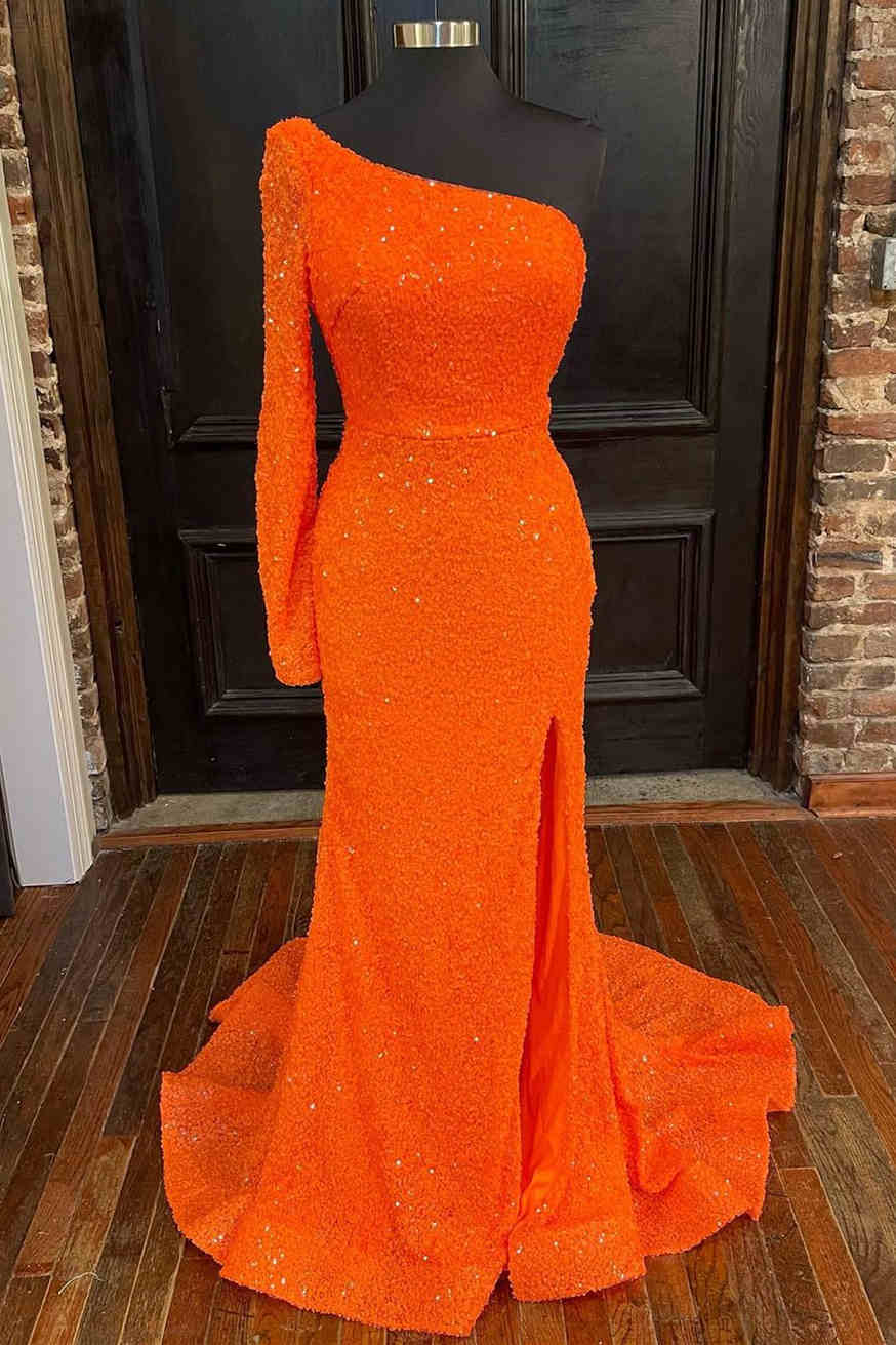Orange Long Sleeve Sequined Prom Dress with Slit FancyVestido Orange Long Sleeve Sequined Prom Dress with Slit FancyVestido