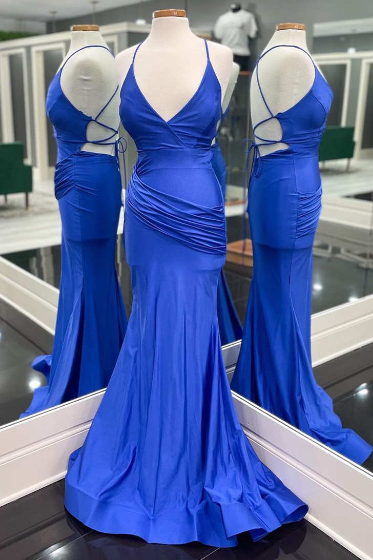 Tie Back Mermaid Royal Blue Pleated Prom Dress