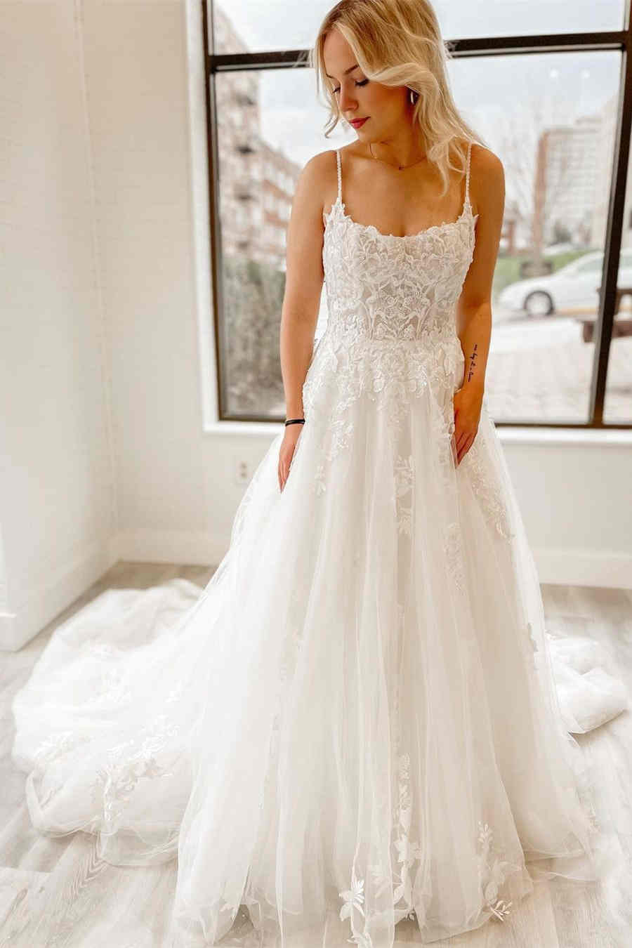 Sheer Lace Bodice White Long Wedding Dress