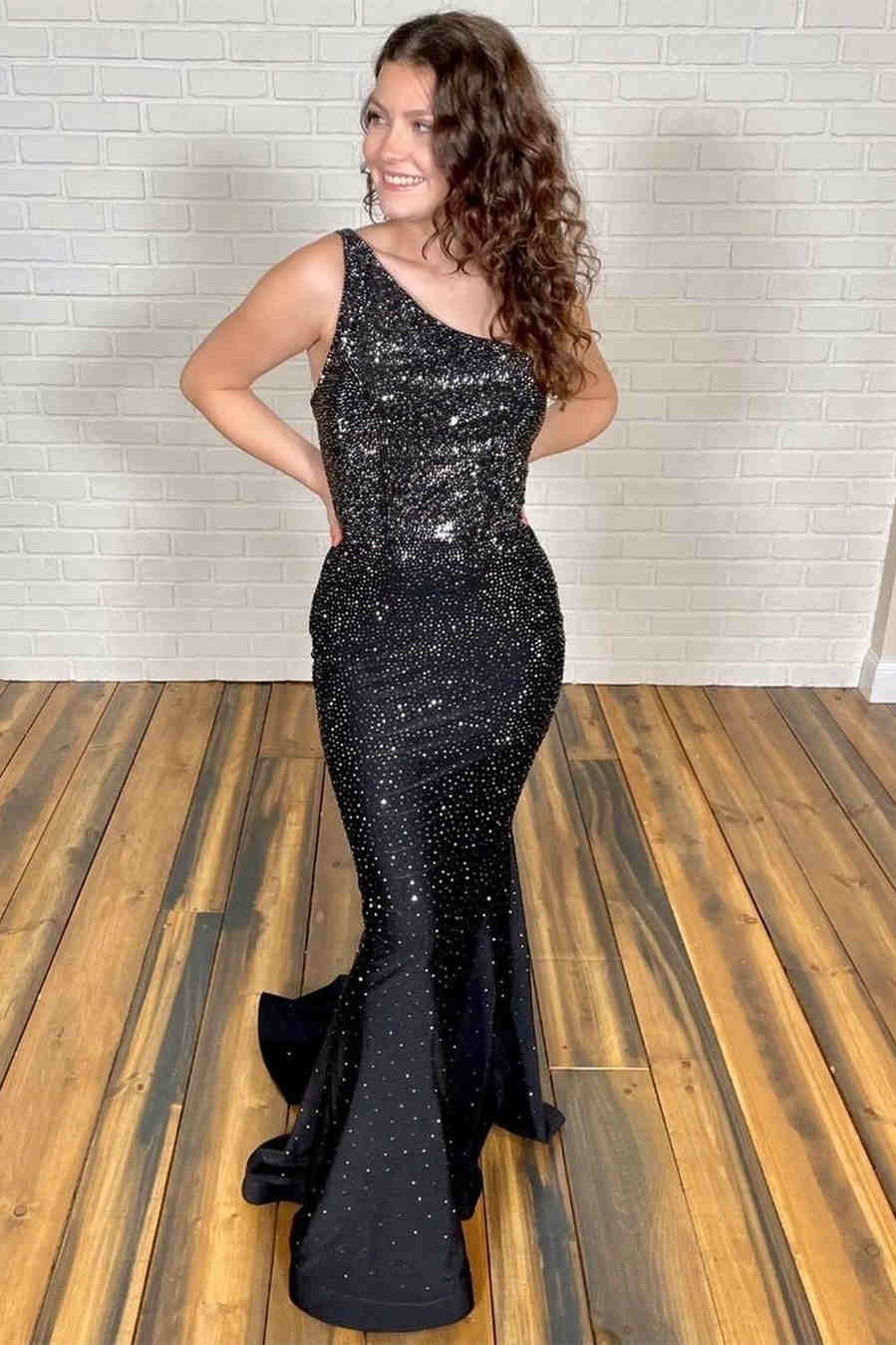 Mermaid Black Long Prom Dress with Rhinestones