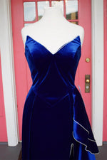 Asymmetrical Royal Blue Velvet Long Prom Dress