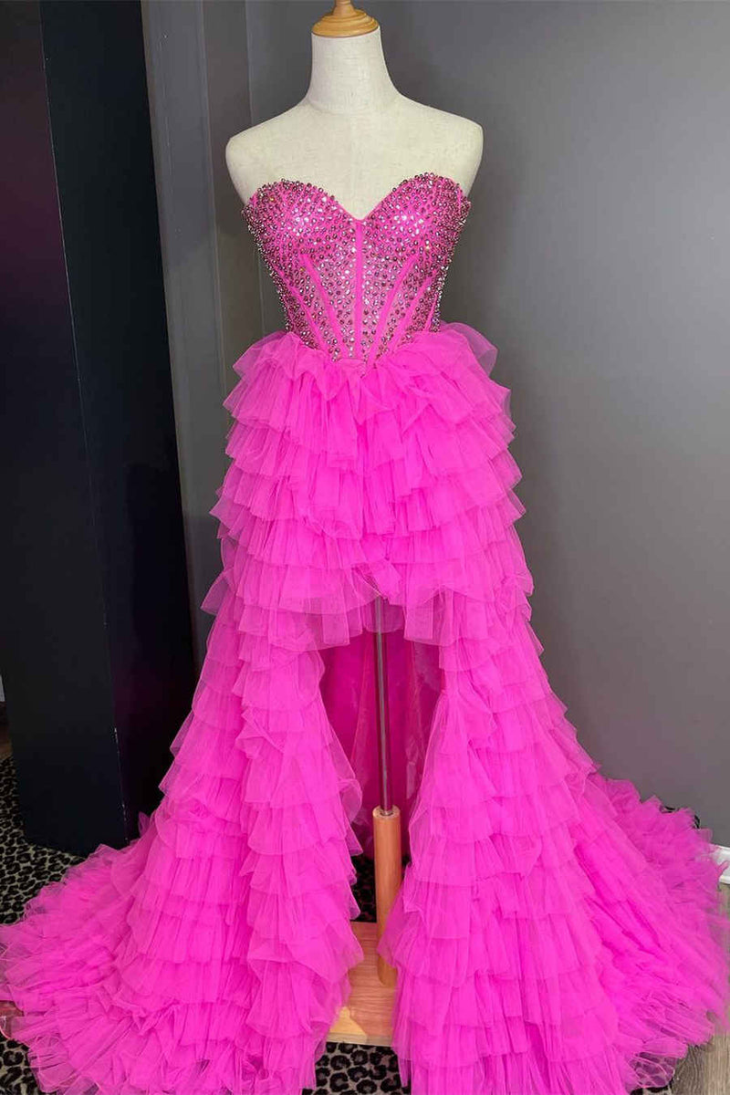 Sweetheart Hot Pink Hi-Low Prom Dress with Beaded Bodice