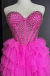 Sweetheart Hot Pink Hi-Low Prom Dress with Beaded Bodice