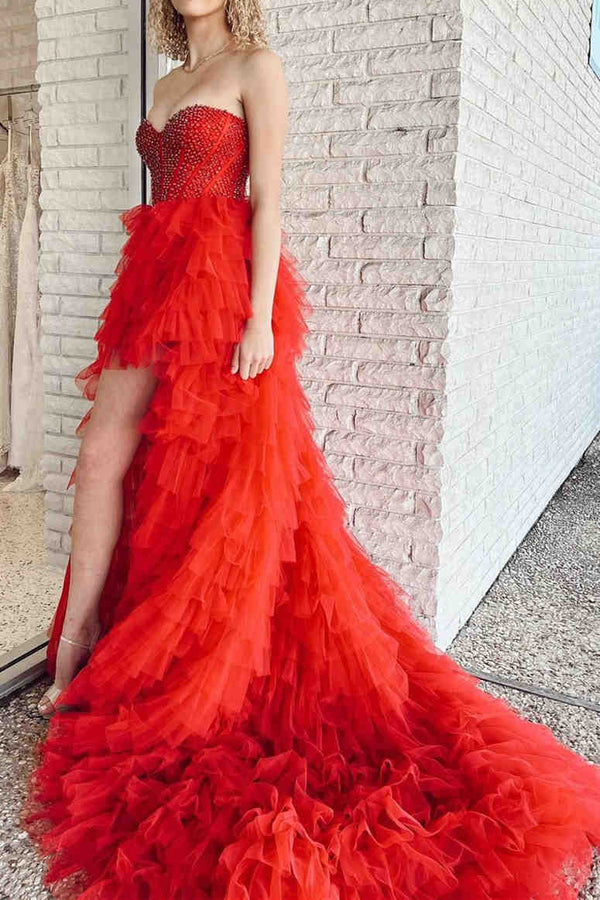 Sweetheart Hot Pink Hi-Low Prom Dress with Beaded Bodice