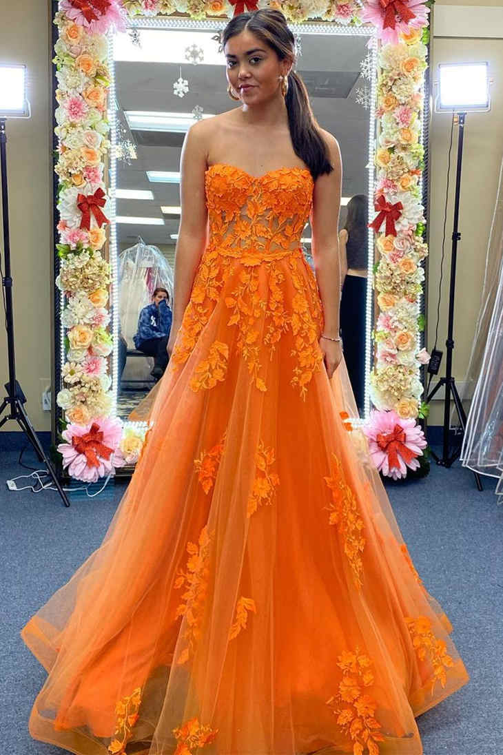 Orange Strapless A-Line Prom Dress with Appliques FancyVestido Orange Strapless A-Line Prom Dress with Appliques FancyVestido