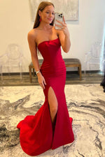Mermaid High Slit Red Satin Prom Dress