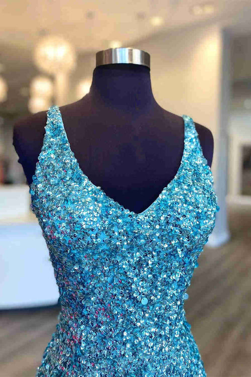 Glitter V-Neck Tiffany Blue Mermaid Prom Dreess