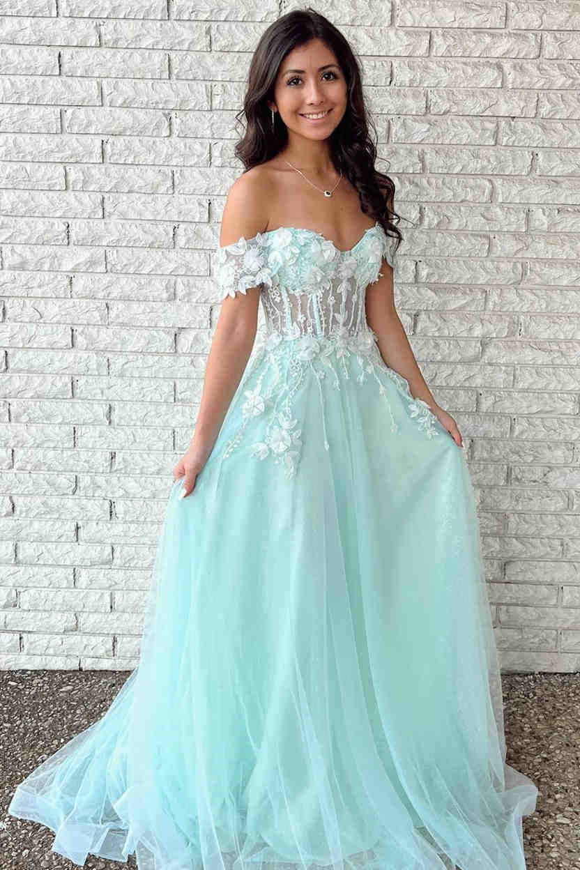 Mint Green Off the Shoulder A-Line Formal Dress with Appliques