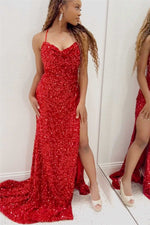 Red Halter Sequined Long Prom Dress with Slit