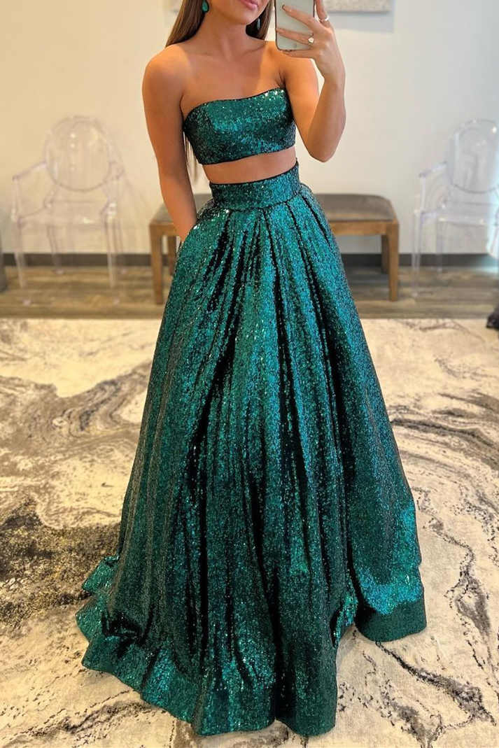 Emerald Green Sequins Two Piece Prom Dress with Pockets FancyVestido Emerald Green Sequins Two Piece Prom Dress with Pockets FancyVestido