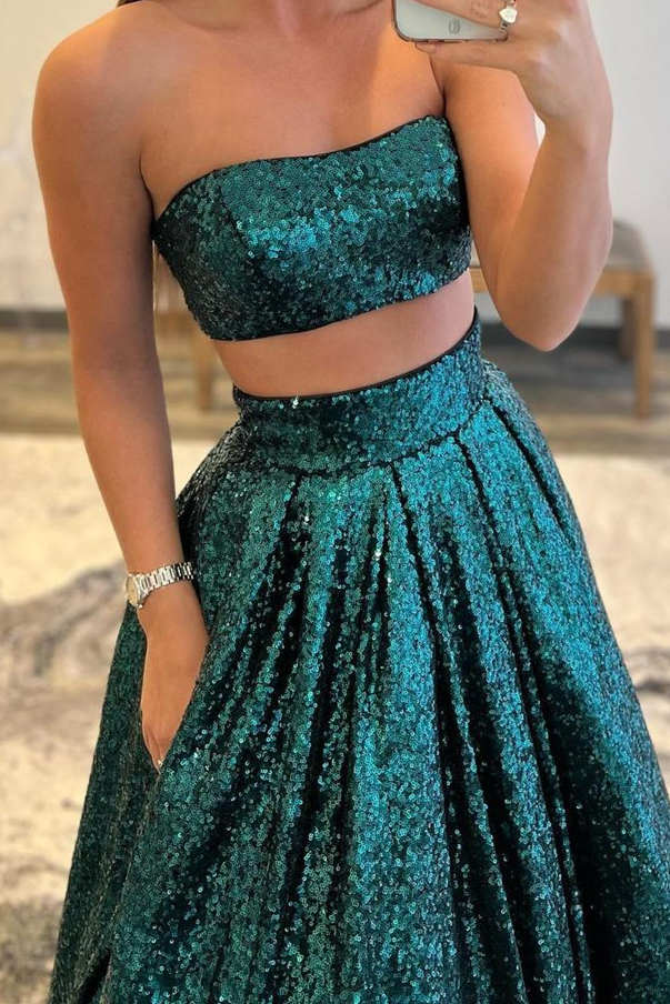 Emerald Green Sequins Two Piece Prom Dress with Pockets FancyVestido Emerald Green Sequins Two Piece Prom Dress with Pockets FancyVestido