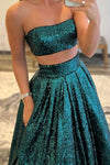 Emerald Green Sequins Two Piece Prom Dress with Pockets