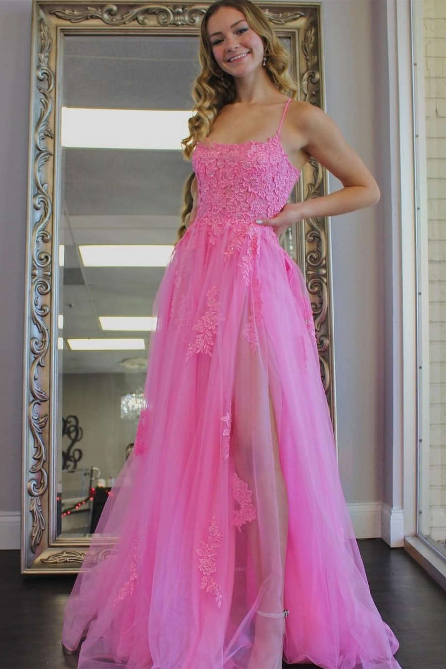 Princess Hot Pink Appliqued Prom Dress with Slit – FancyVestido