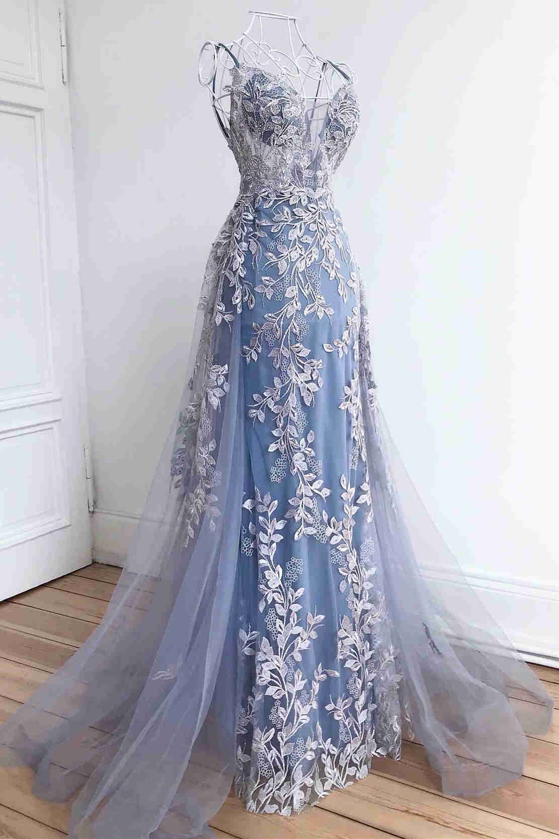 Stunning Dsuty Blue Tulle Long Formal Dress with Appliques