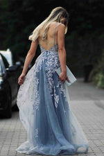 Stunning Dsuty Blue Tulle Long Formal Dress with Appliques