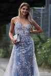 Stunning Dsuty Blue Tulle Long Formal Dress with Appliques