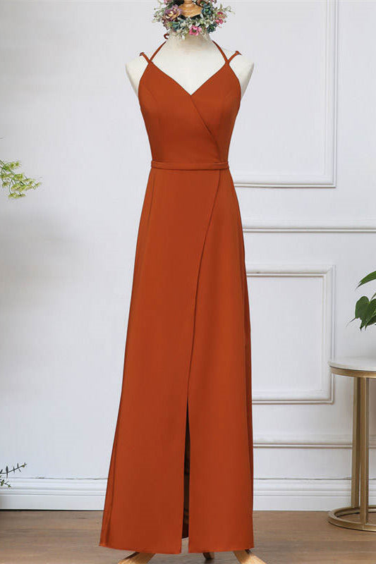 Straps Pumpkin Long Bridesmaid Dress with Slit FancyVestido Straps Pumpkin Long Bridesmaid Dress with Slit FancyVestido