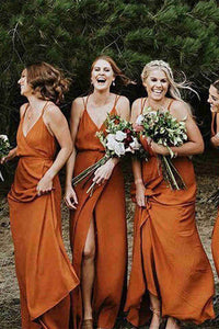 Straps Pumpkin Long Bridesmaid Dress with Slit