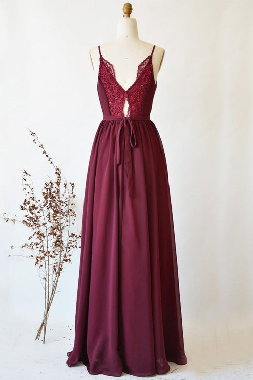 Burgudy V-Neck Pleated Lace Bridesmaid Dress