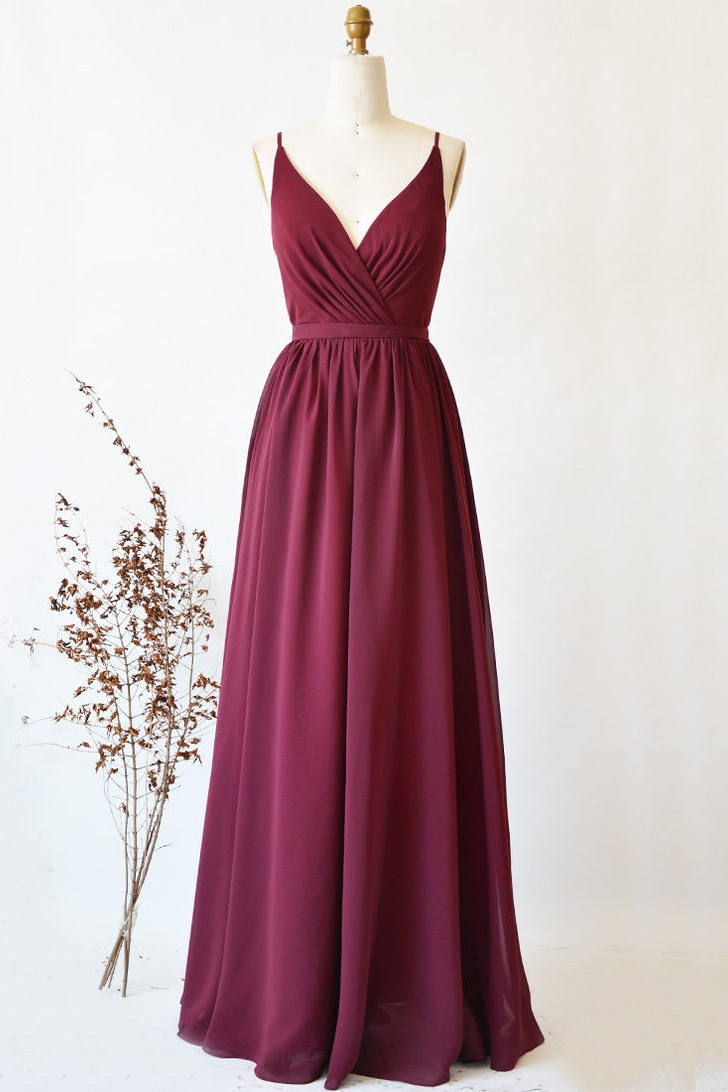 Burgudy V-Neck Pleated Lace Bridesmaid Dress