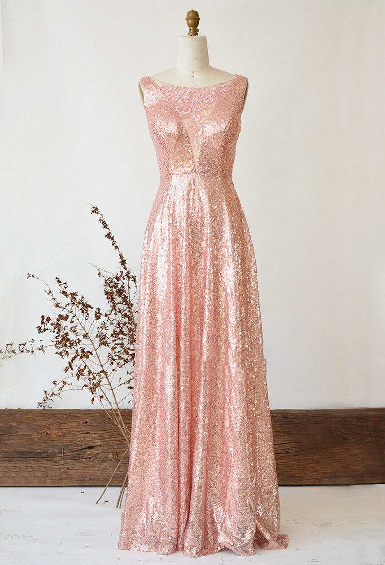 Illusion Lace V-Neck Gose Gold Sequined Bridesmaid Dress – FancyVestido